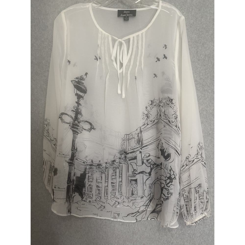 Dennis By Dennis Basso Blouse Womens 10 White City Scenic Print Sheer Tunic Top